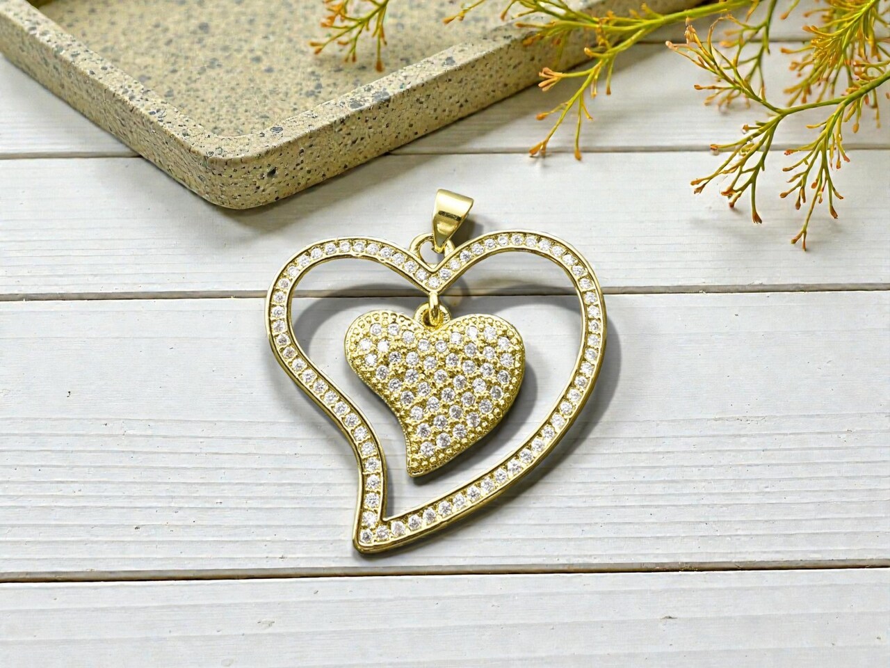 26x30mm 18k Gold Plated Brass Micro Pave Cubic Zirconia Heart Pendant